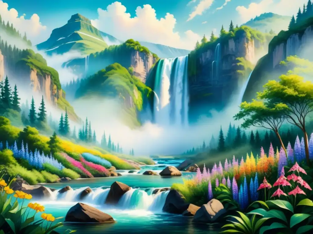 Obra de arte visual en técnicas mixtas acuarela de paisaje sereno con cascada, follaje vibrante y flores silvestres coloridas