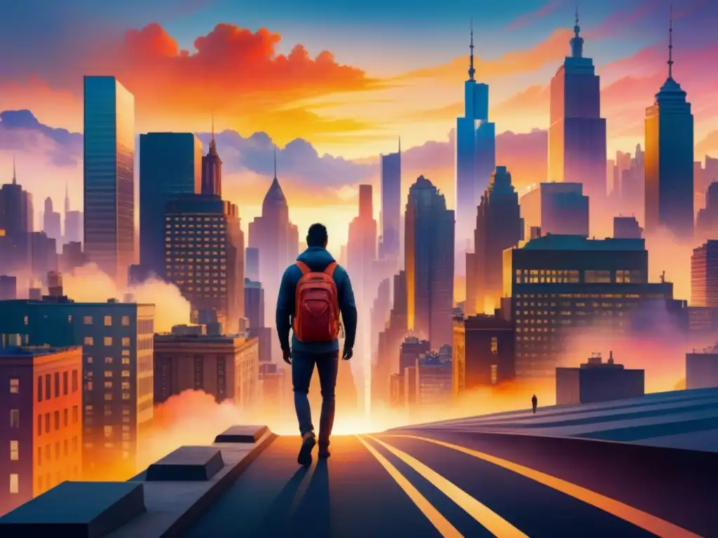 Obra detallada en acuarela de una ciudad abstracta al anochecer, fusionando realismo y arte abstracto