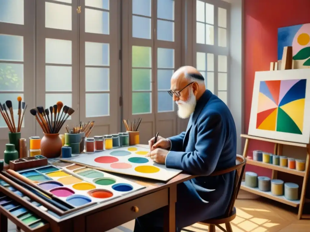 Una obra detallada en acuarela muestra a Henri Matisse en su estudio rodeado de colores vibrantes y suministros artísticos