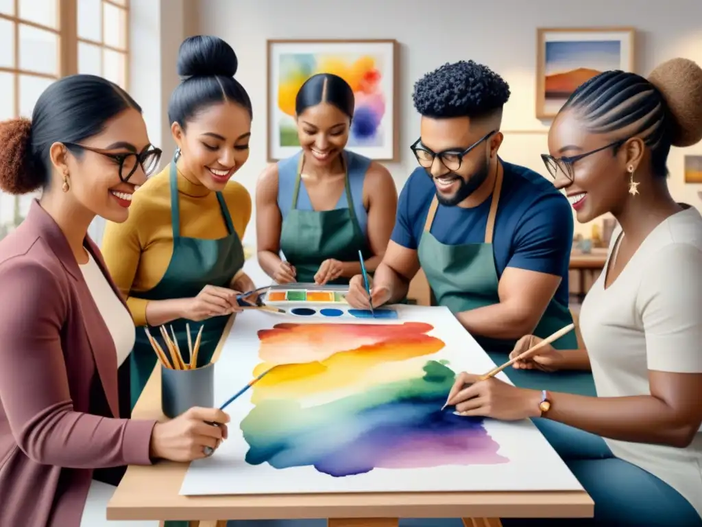 Una obra detallada en acuarela de un grupo diverso participando en un taller de arte inclusivo y vibrante