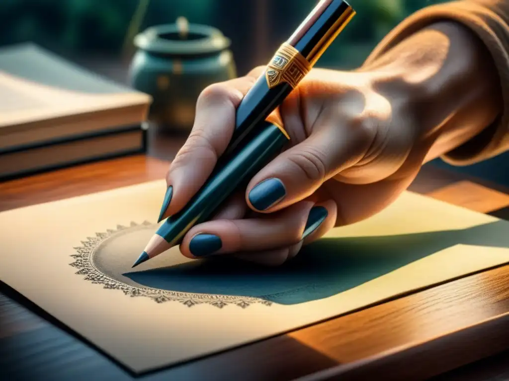 Obra detallada en acuarela de una mano sosteniendo un lápiz, resaltando las texturas con sombras sutiles