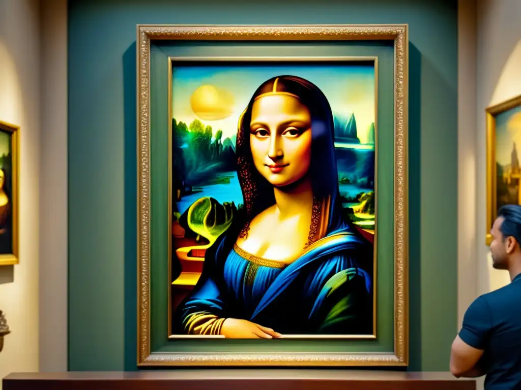 Obra detallada en acuarela de la Mona Lisa de Da Vinci en galería tenue