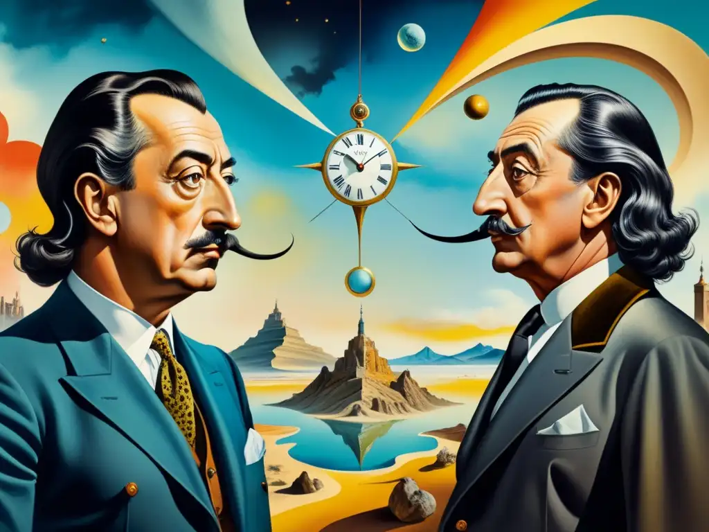 Obra detallada acuarela: Dalí y Breton conversan entre relojes derretidos y paisajes distorsionados