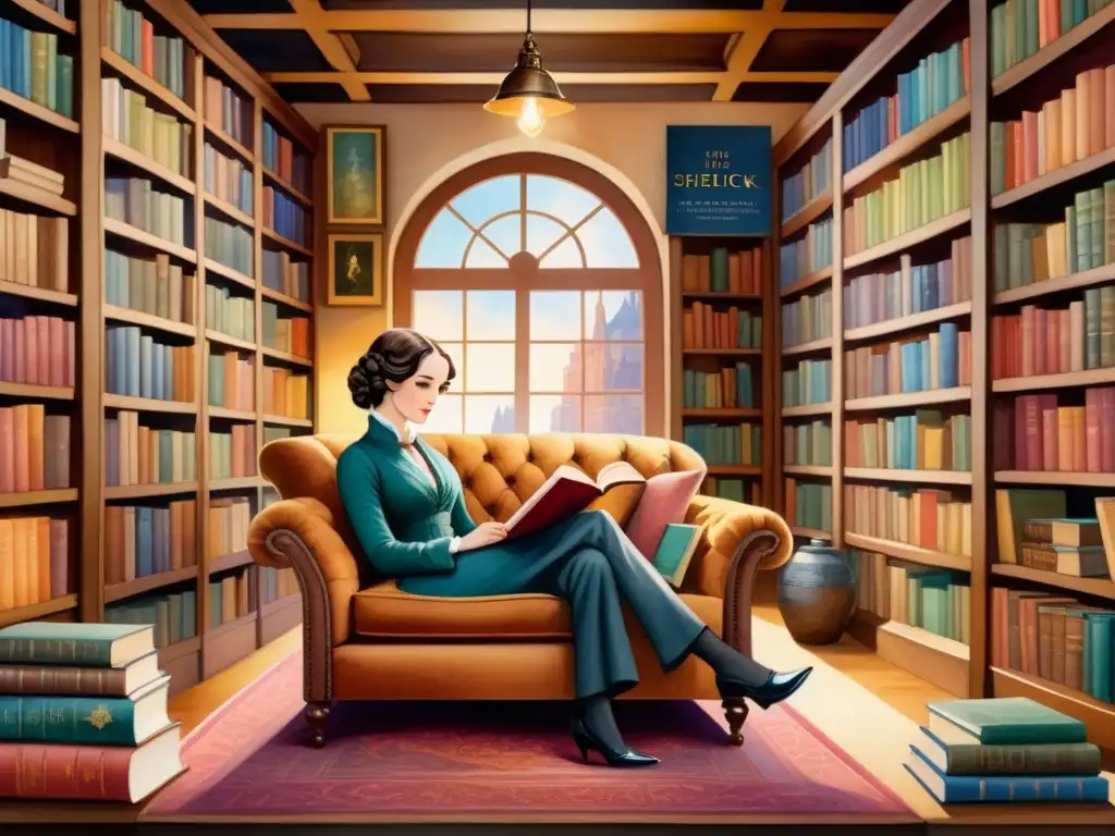 Una obra detallada en acuarela de representaciones artísticas de personajes literarios icónicos en una biblioteca vibrante