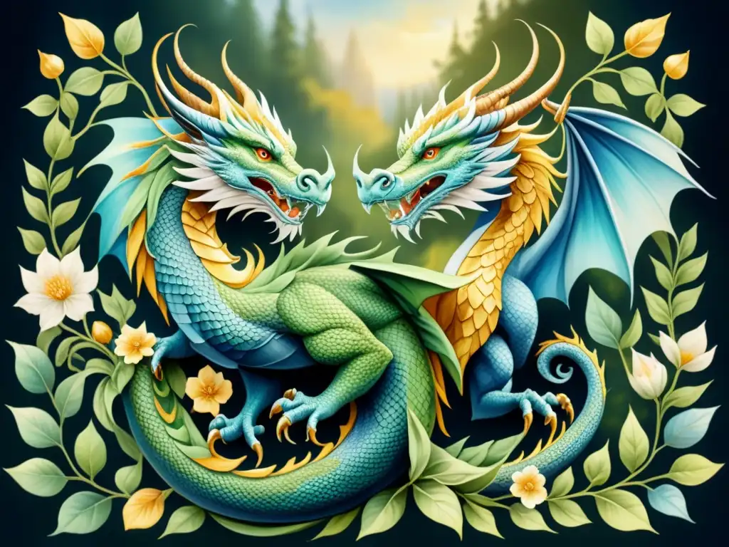 Una obra detallada de acuarela del tapiz nórdico renacentista con dragones, motivos florales y diseños geométricos en azules, verdes y dorados