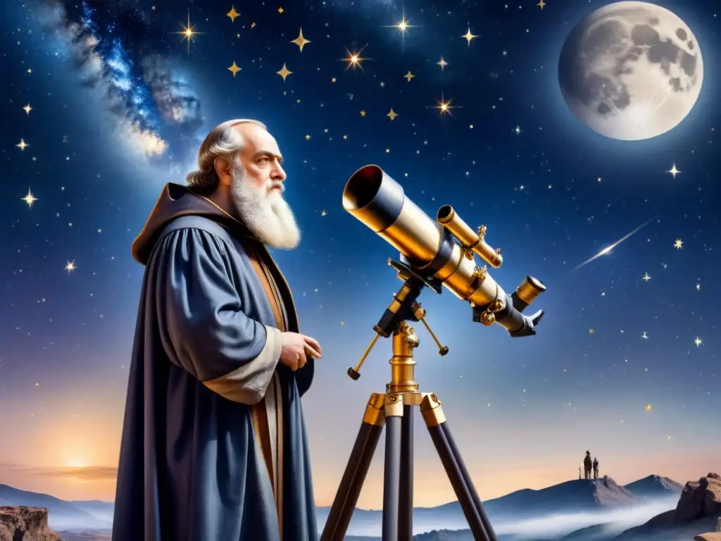 Obra detallada de Galileo Galilei observando el cielo estrellado a través de un telescopio en una noche llena de asombro y maravilla