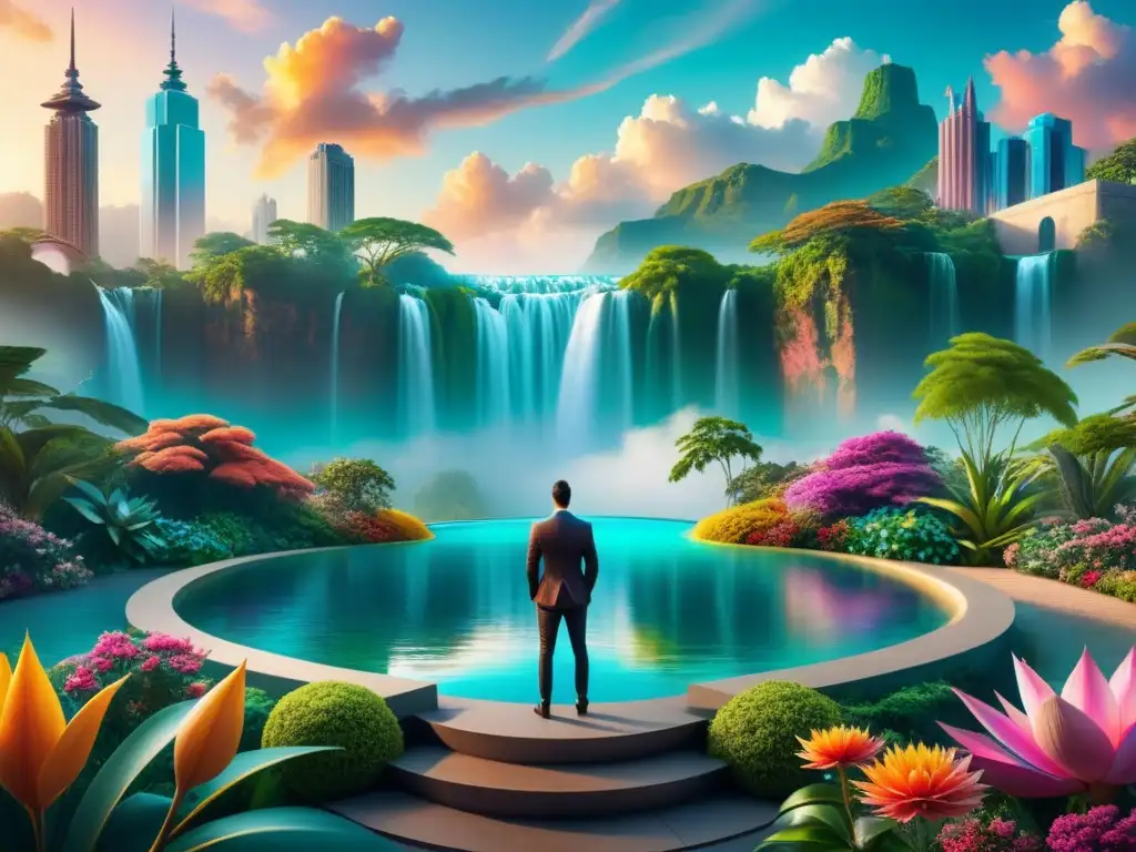 Una obra digital cautivadora que fusiona fotografía y arte digital en un paisaje surrealista con colores vibrantes y detalles intrincados