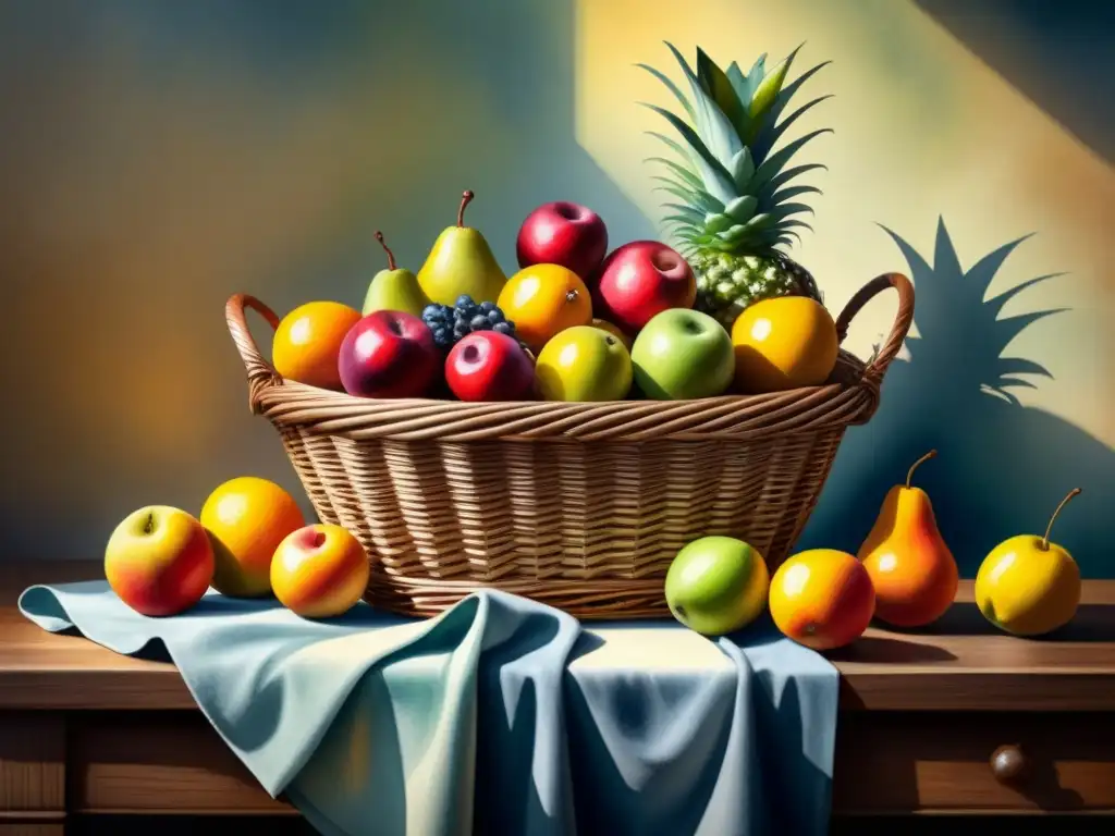 Una obra maestra de acuarela que destaca la importancia del claroscuro en pintura, con una cesta de frutas vibrantes bajo una luz suave y difusa