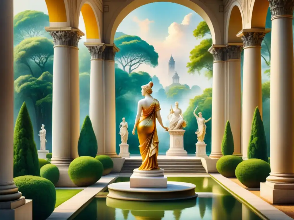 Obra maestra en acuarela de jardín neoclásico con esculturas de dioses rodeadas de vegetación exuberante y arquitectura elegante