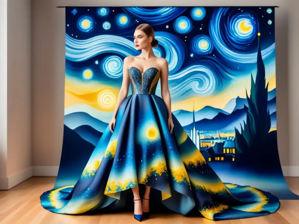 Una obra maestra de alta costura inspirada en 'La Noche Estrellada' de Van Gogh, fusionando arte y moda en una prenda única