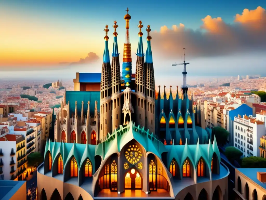 Obra maestra de la Arquitectura modernista de Gaudí: Sagrada Familia en acuarela, con detalles intrincados y colores vibrantes