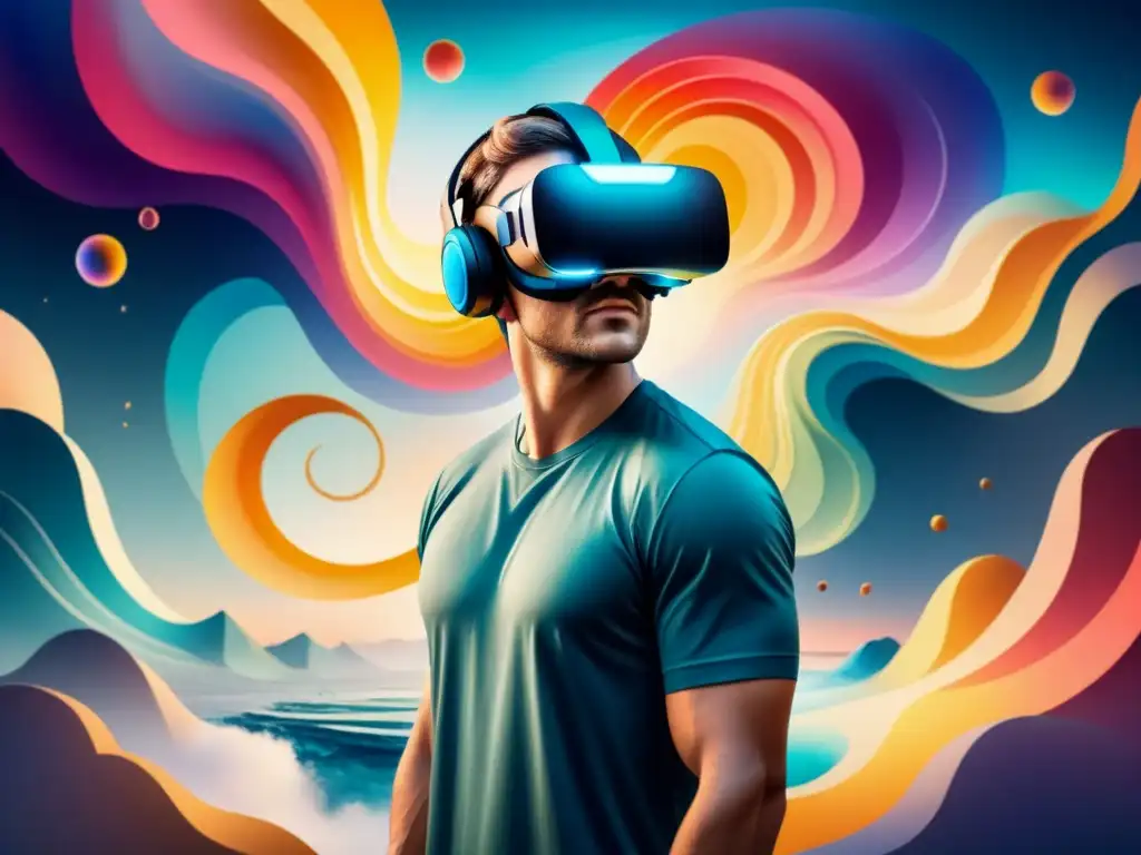 Obra maestra arte realidad virtual: casco rodeado de colores vibrantes y formas abstractas en acuarela serena