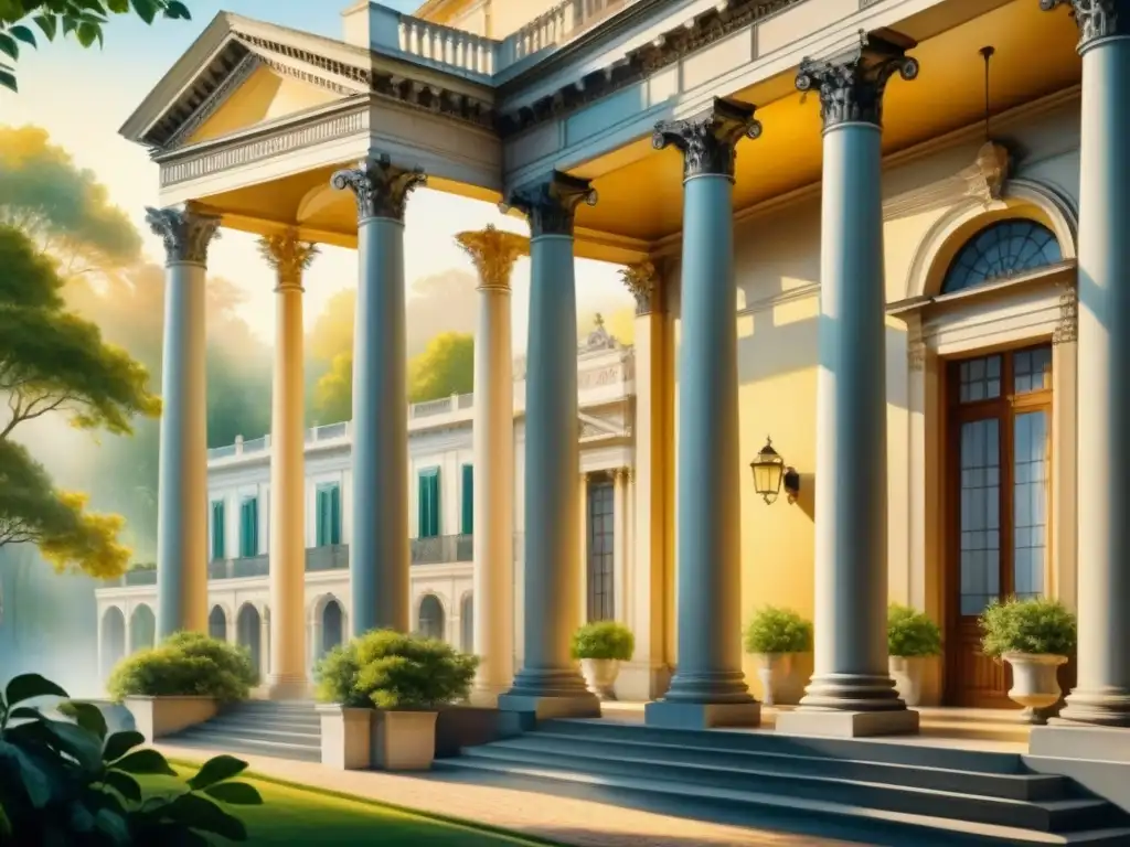 Una obra de neoclasicismo en toda su grandeza, con columnas corintias, frisos ornamentados y simetría dramática en tonos pasteles suaves