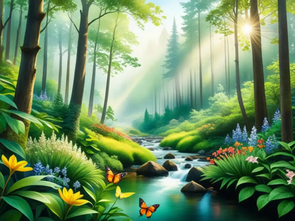 Una obra sostenible de arte visual: detallada pintura acuarela de un exuberante bosque con flores vibrantes, arroyo y mariposas coloridas