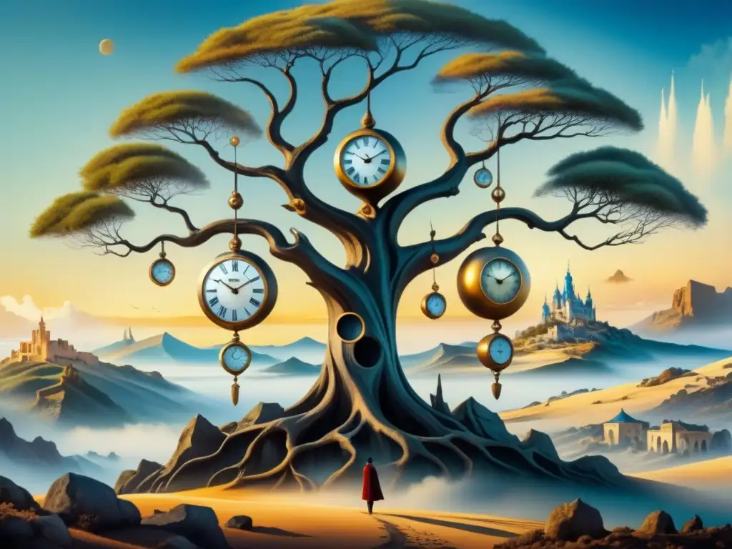 Obra acuarela surrealista de relojes derretidos de Dalí en árbol seco, paisaje onírico, luz etérea