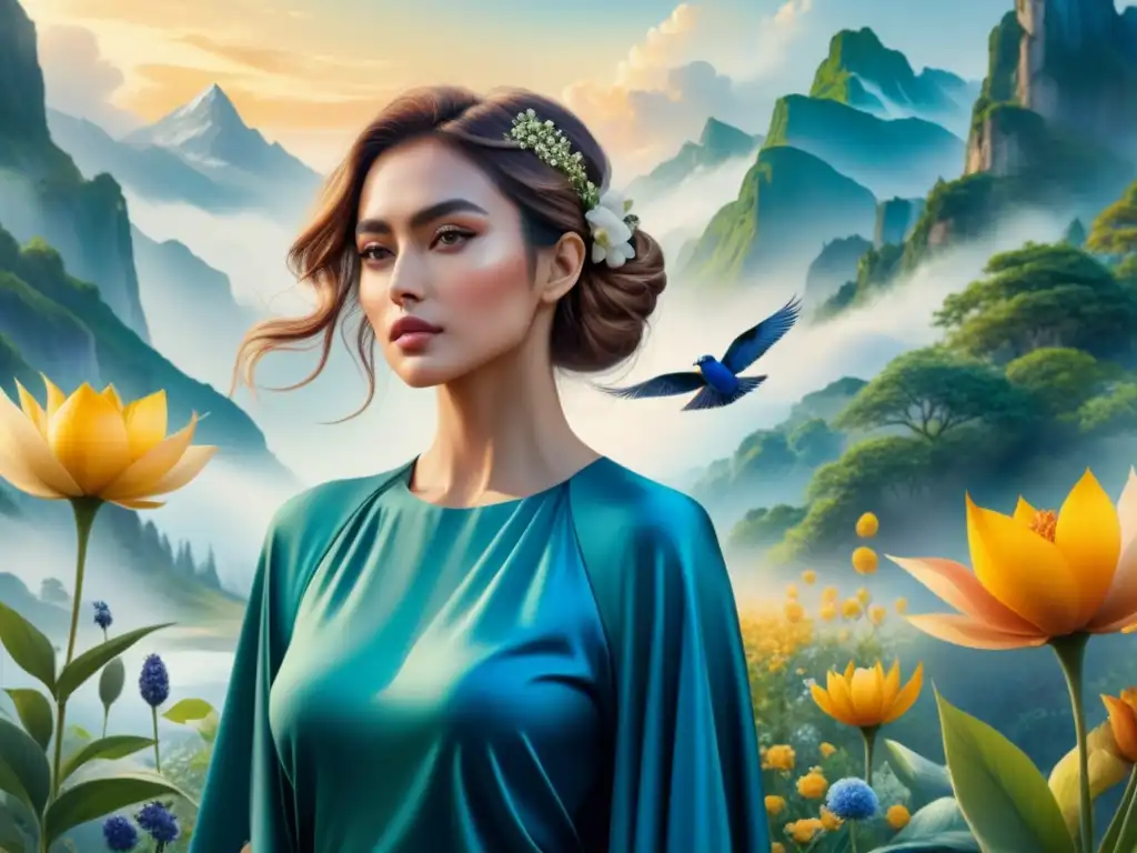 Obra acuarela vibrante fusiona realismo y arte abstracto con flores, animales y paisajes en tonos azules, verdes y amarillos