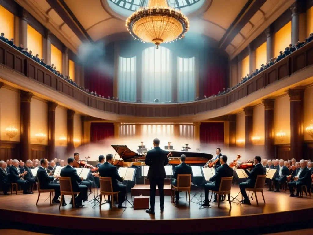 Orquesta apasionada tocando en sala histórica, fusionando música y arte visual contemporáneo