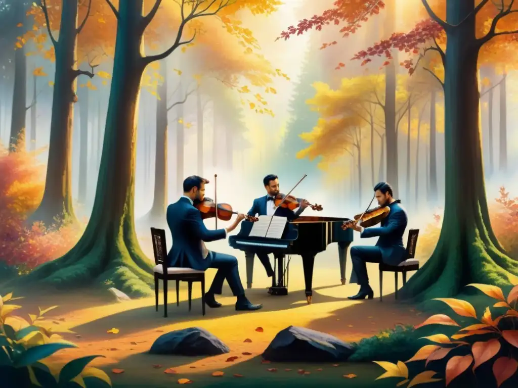 Una orquesta grandiosa tocando en un bosque vibrante, capturando la armonía entre música y naturaleza en una pintura romántica