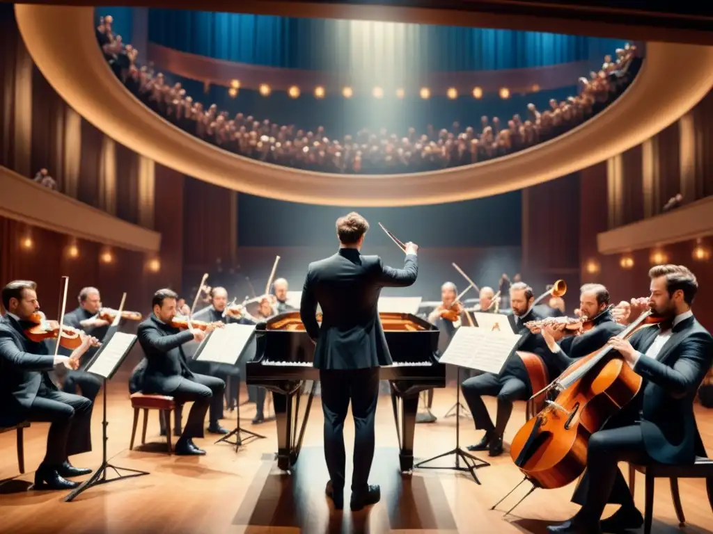 Una orquesta grandiosa en plena actuación, envuelta en una luz etérea que realza su pasión y movimiento, en una pintura acuarela