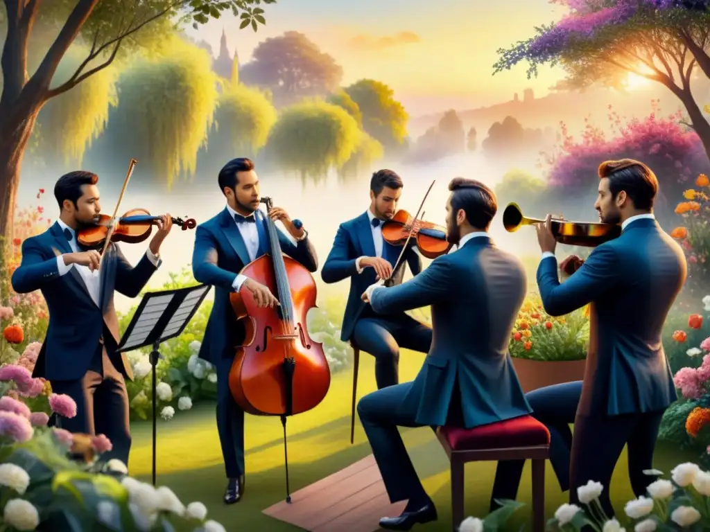 Orquesta majestuosa en jardín vibrante al atardecer, música en la pintura romántica