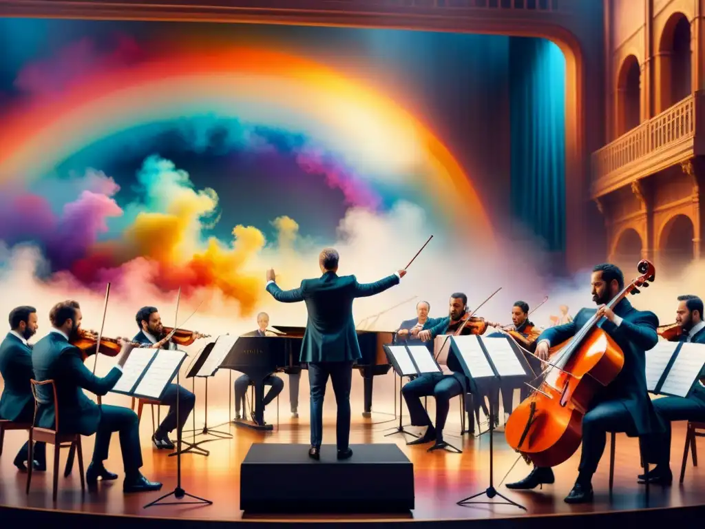 Orquesta de colores: armonía y creatividad en acuarela Una orquesta sinfónica en vibrante escenario, cada músico pintado en detallados colores, el director con batuta en alto