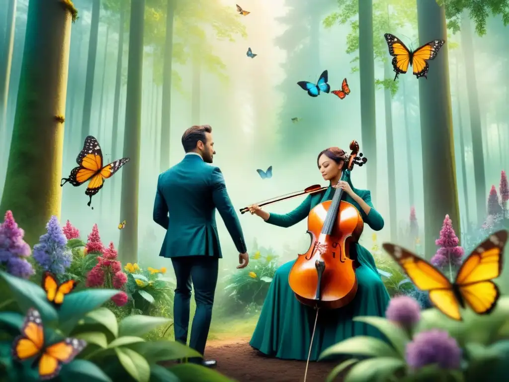 Orquesta sinfónica en el bosque: música y arte en armonía Una orquesta vibrante toca en un bosque mientras mariposas y flores les rodean, mostrando la conexión música arteterapia historia