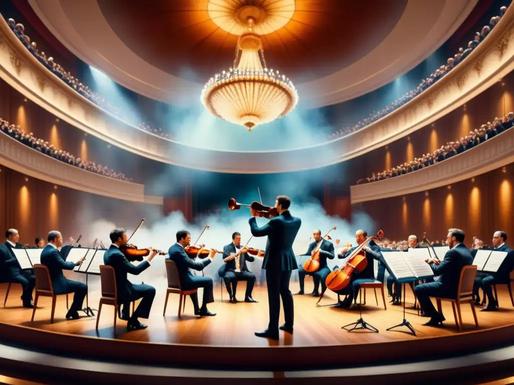 Orquesta vibrante en concierto de óleo, fusionando música y pintura con elegancia