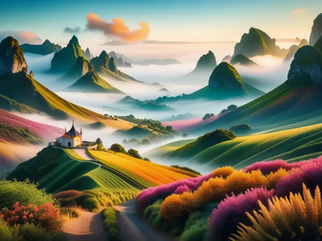 Un paisaje abstracto surrealista en acuarela, donde colores vibrantes se entrelazan para crear una atmósfera onírica