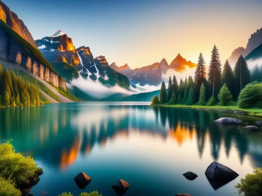 Pintura acuarela: atardecer vibrante sobre lago sereno Paisaje de acuarela detallado con un atardecer vibrante sobre un lago sereno, montañas y vegetación exuberante, reflejando el cielo en el agua