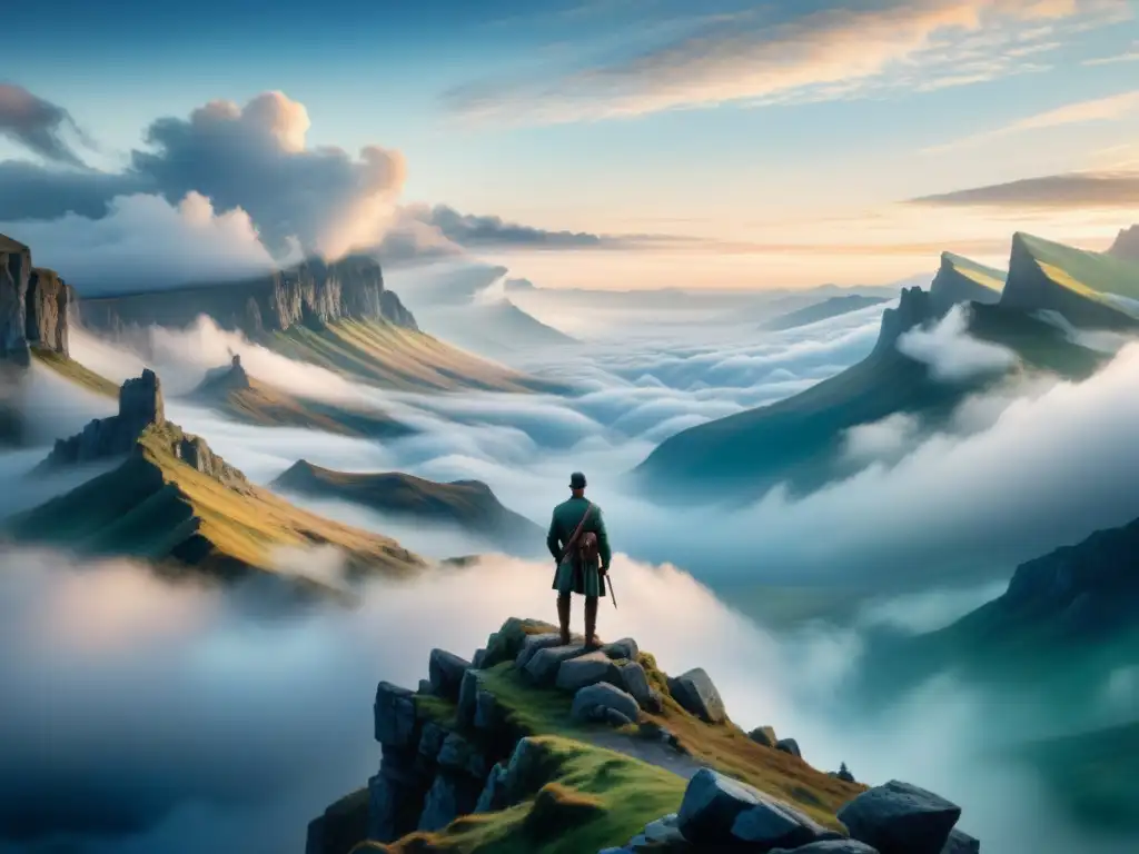 Un paisaje en acuarela detallado con una figura solitaria en un acantilado, contemplando montañas envueltas en neblina