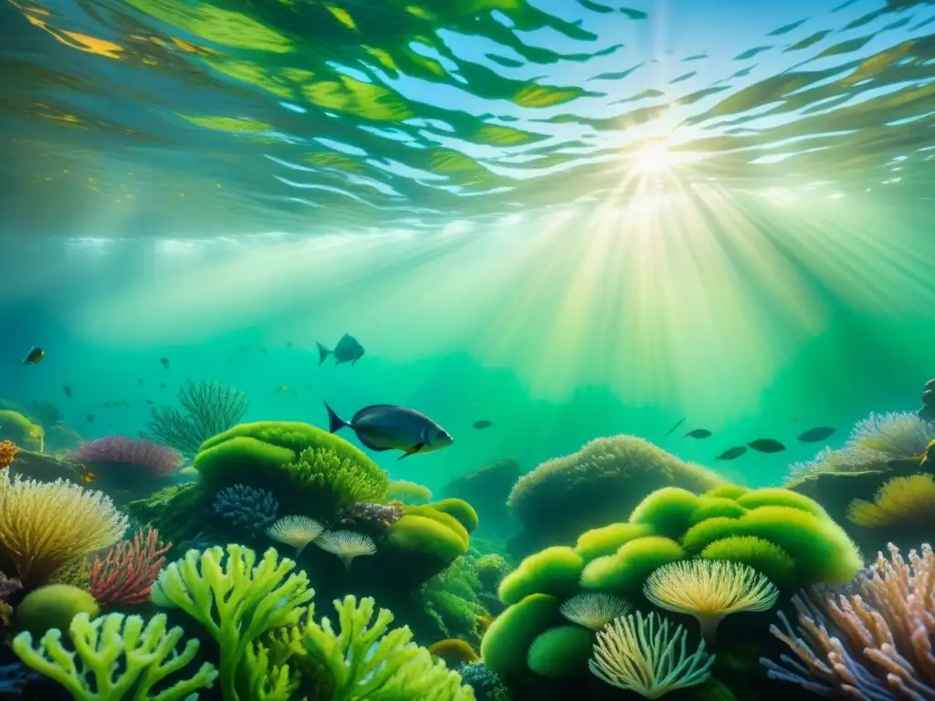 Un paisaje acuático biodiverso y encantador con algas verdes vibrantes y peces coloridos