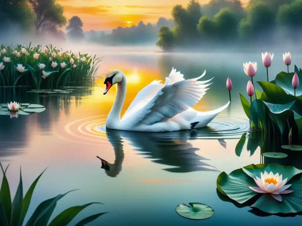 Paisaje acuático impresionista con cisne, reflejos de atardecer y lirios en el agua