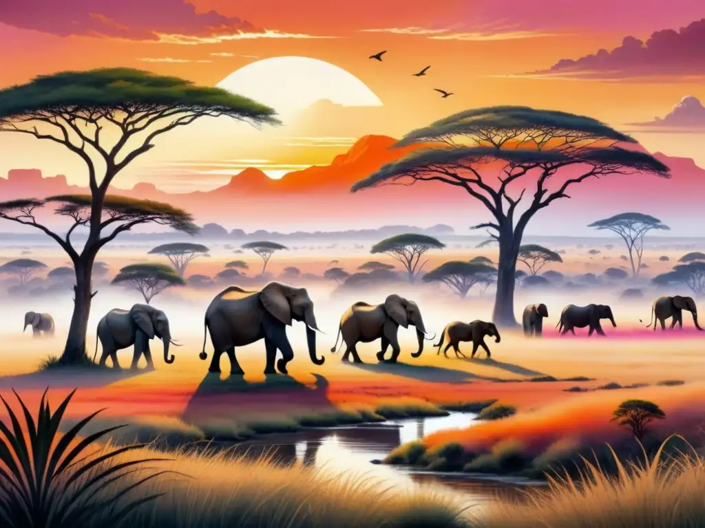 Paisaje africano en acuarela con elefantes, jirafas y leones bajo un cielo naranja y rosa