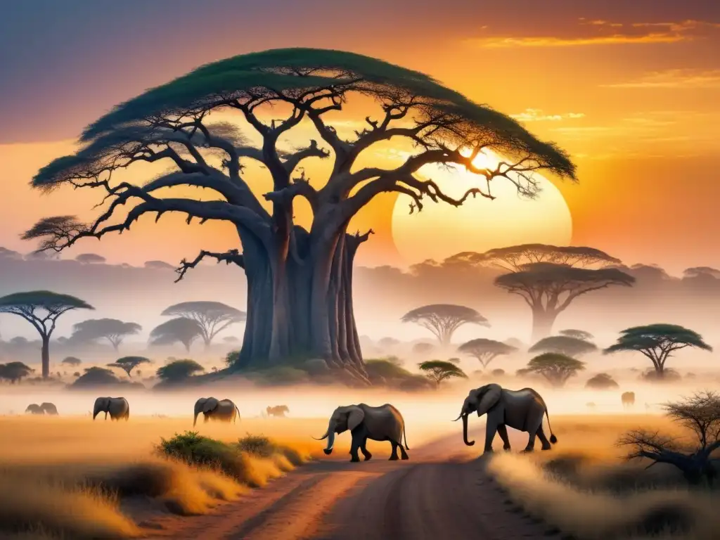 Paisaje africano al atardecer con baobabs y animales, evocando la influencia de leyendas africanas en la literatura moderna