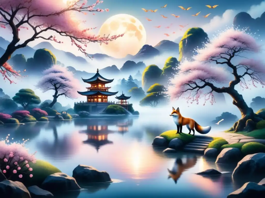 Paisaje asiático místico con cerezos en flor y zorros etéreos Paisaje asiático surrealista con cerezos, estanque de peces koi y zorros espirituales en la niebla