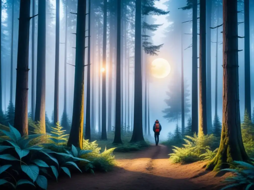 Un paisaje de bosque en acuarela detallado, con luz de luna creando contrastes, reflejando romanticismo y misterio