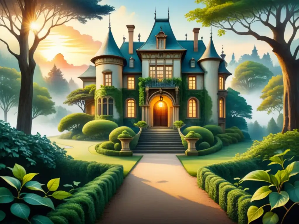 Paisaje de bosque misterioso con mansion antigua, con elementos simbólicos integrados