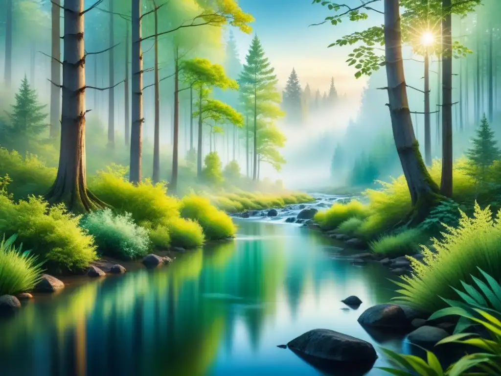 Paisaje de bosque sereno en acuarela, con árboles verdes vibrantes y un arroyo, ideal para el Diario de arte para autoexploración