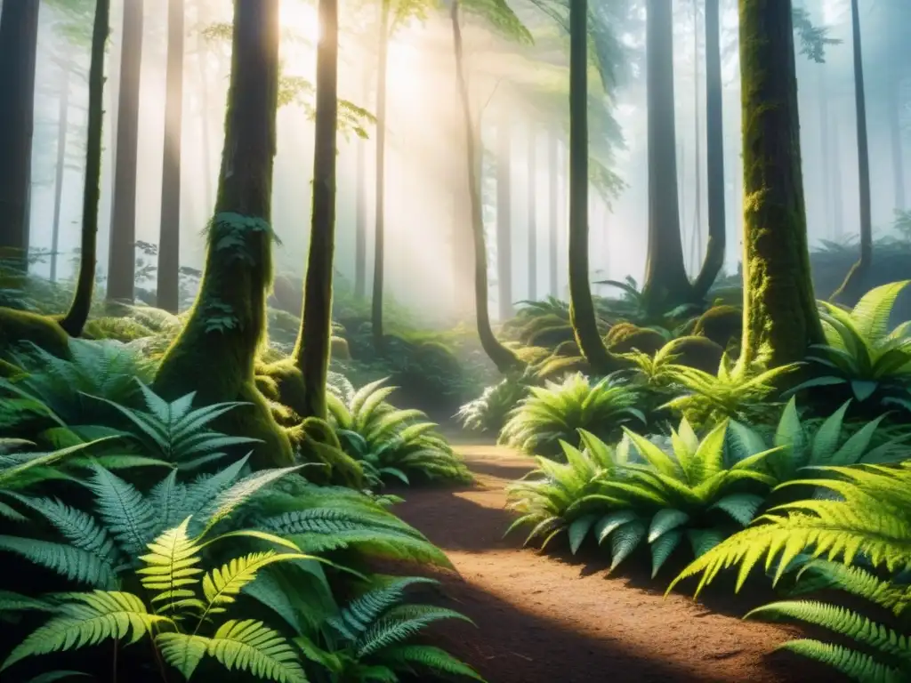 Un paisaje de bosque vibrante en acuarela, con luz filtrándose entre el dosel y sombras en el suelo cubierto de musgo