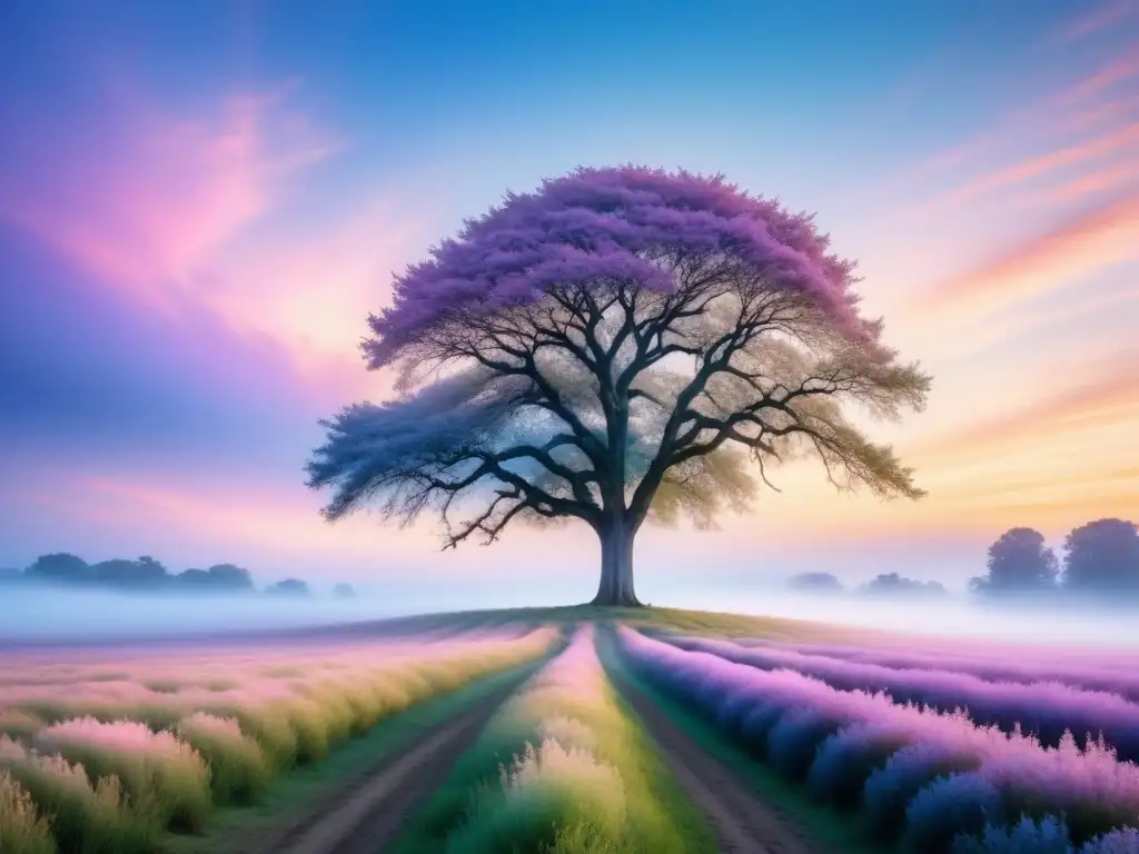 Paisaje calmado con árbol solitario en vasto campo, cielo en tonos pastel