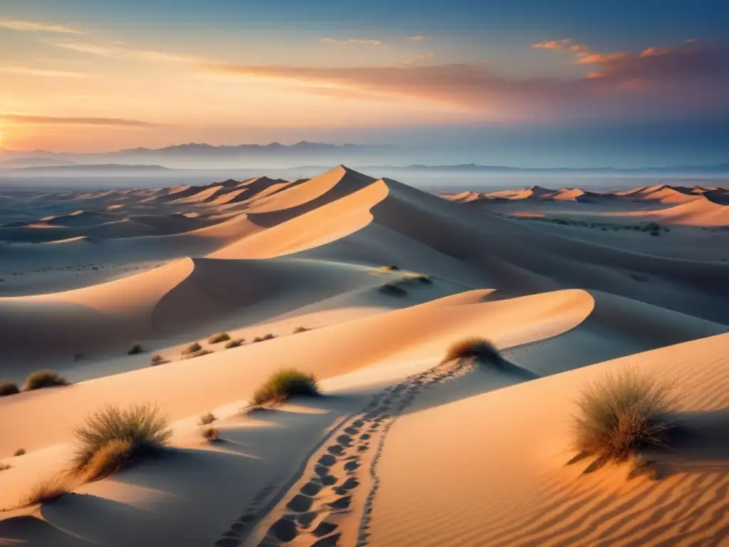 Un paisaje desértico vasto y vacío bajo un cielo crepuscular, destacando la importancia del espacio vacío en el arte espiritual