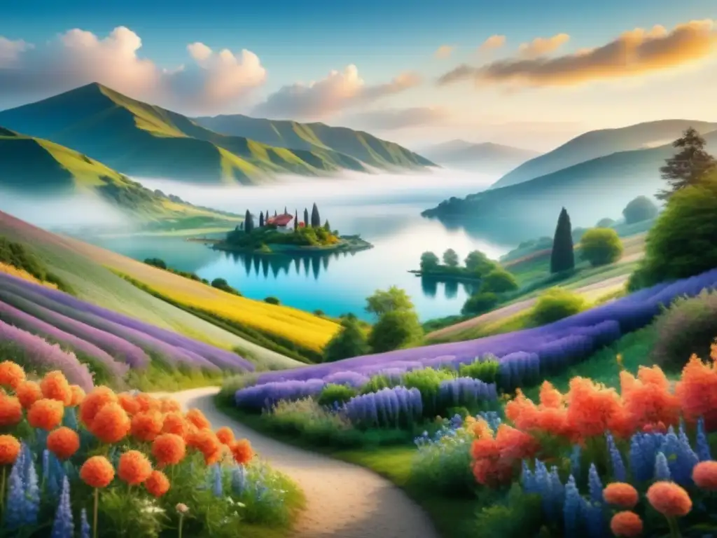 Miniatura detallada: paisaje acuarela con serenidad y colorido Un paisaje detallado en óleo en miniatura obras: colinas, lago sereno, figura caminando entre flores vibrantes