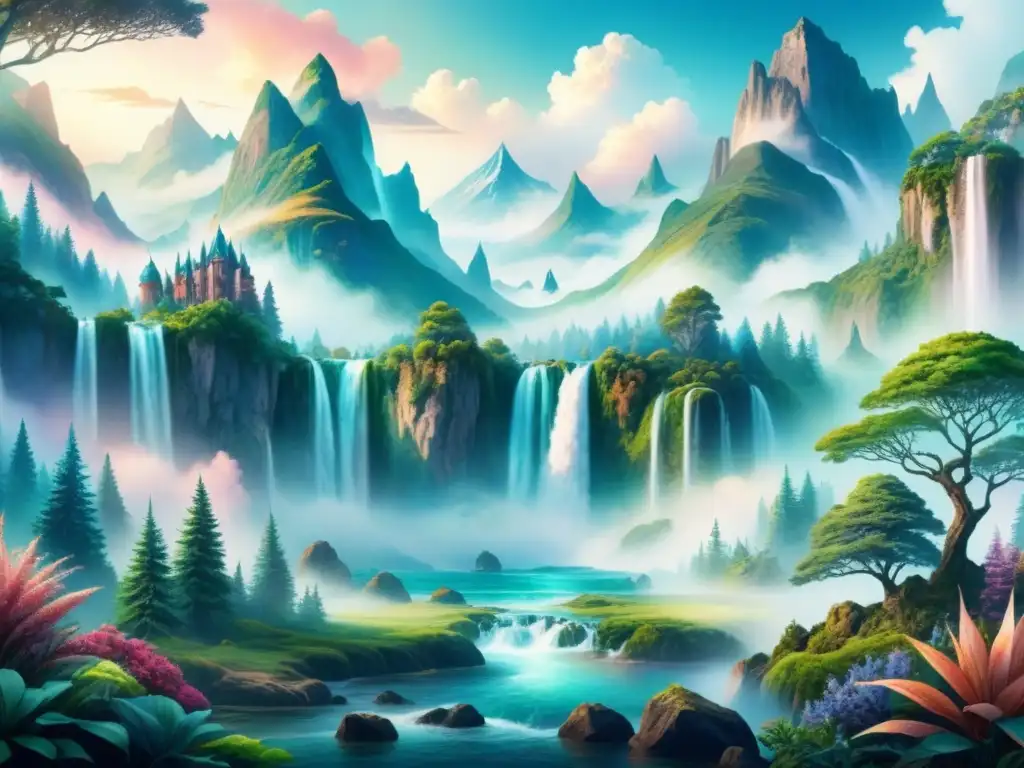 Un paisaje digital fantástico con estructuras cristalinas, cascadas y criaturas coloridas