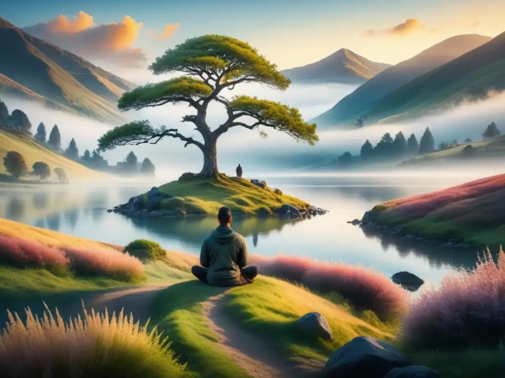 Paisaje etéreo en acuarela con colinas, lago tranquilo, figura meditando bajo árbol majestuoso