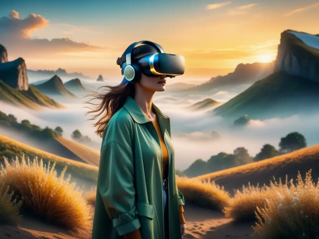 Un paisaje etéreo de realidad virtual en acuarela, fusionando arte sonoro y VR en una atmósfera onírica
