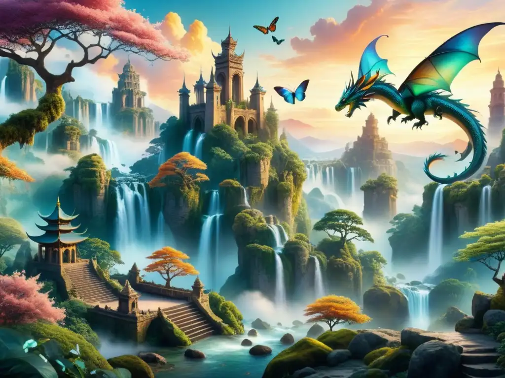 Un paisaje fantástico detallado en técnica matte painting con árboles vibrantes, cascadas y un majestuoso dragón en un cielo pastel