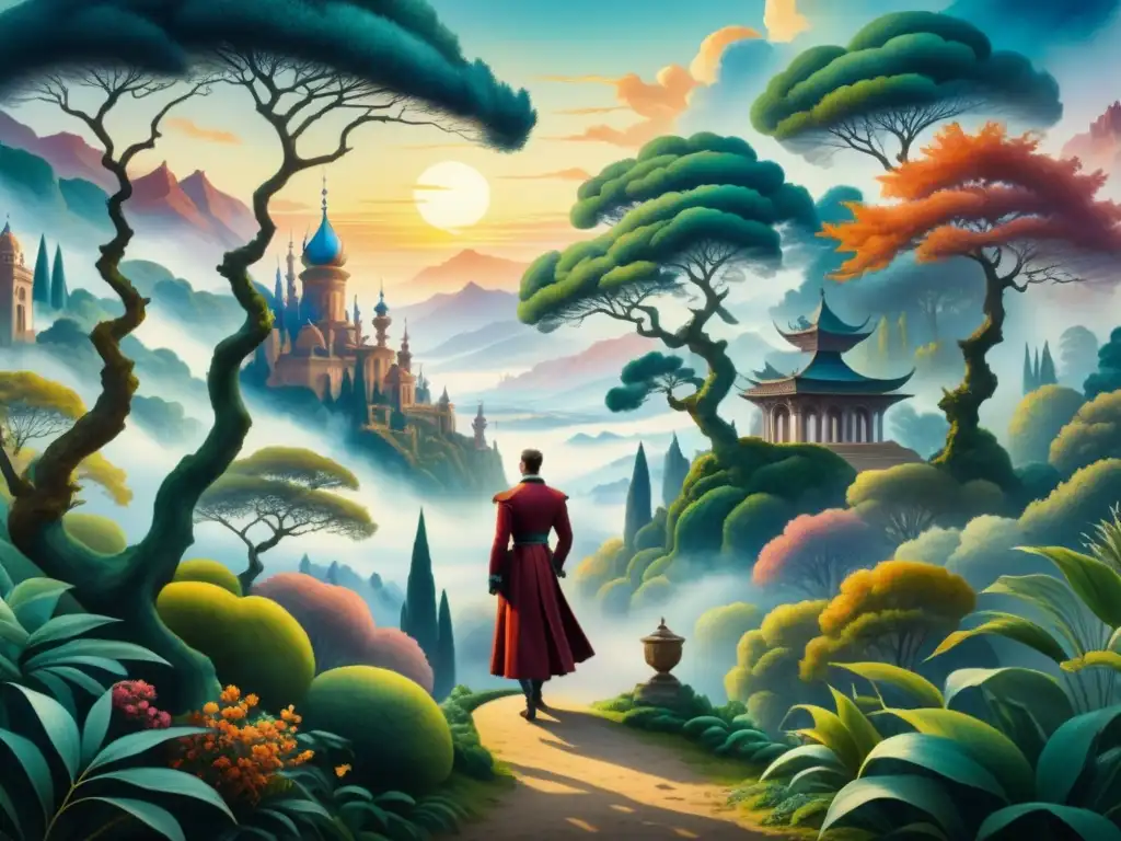 Un paisaje fantástico inspirado en el Arte Manierista con árboles retorcidos y colores surrealistas