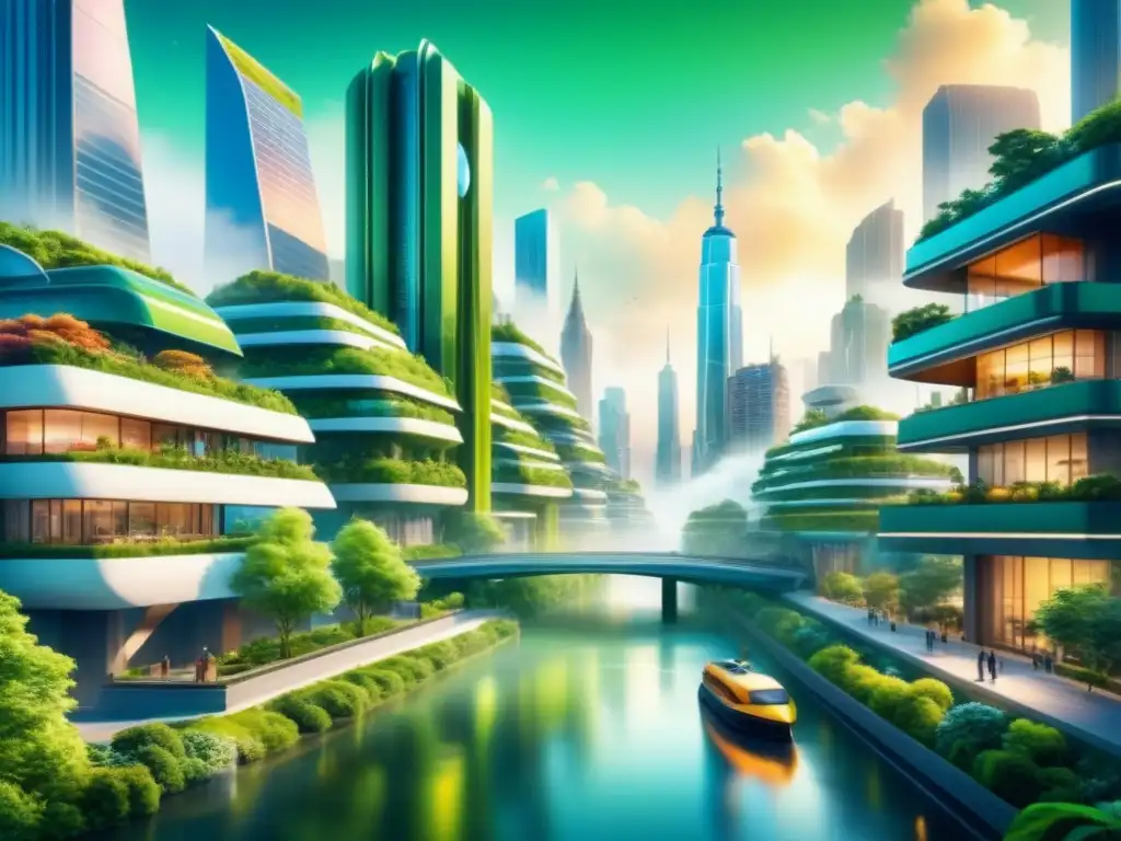 Un paisaje futurista de arte sostenible en la era digital, con una ciudad vibrante integrada en la naturaleza