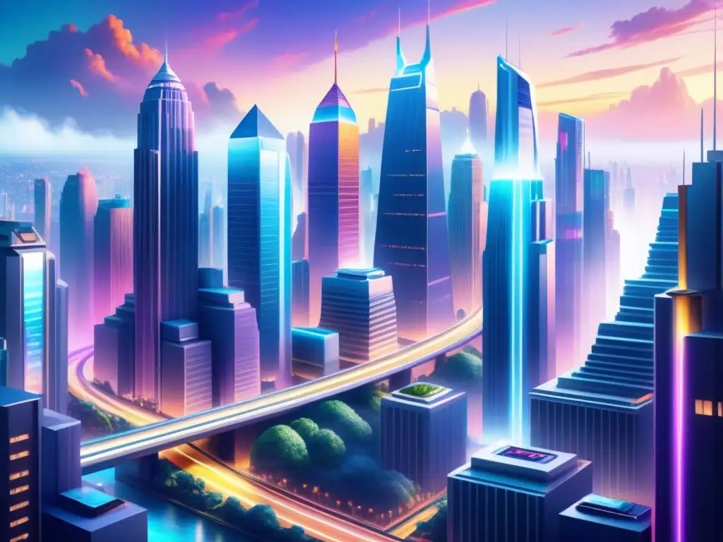 Un paisaje futurista de ciudad con artistas colaborando en animación