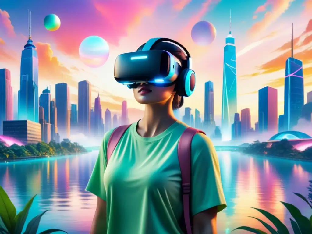 Explora un paisaje futurista en Realidad Virtual: torres brillantes, ríos de colores y una figura con auriculares VR